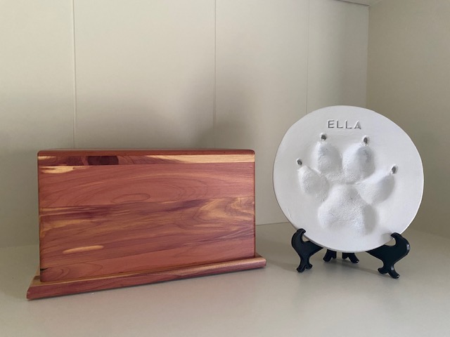 wooden box and plaque with paw print